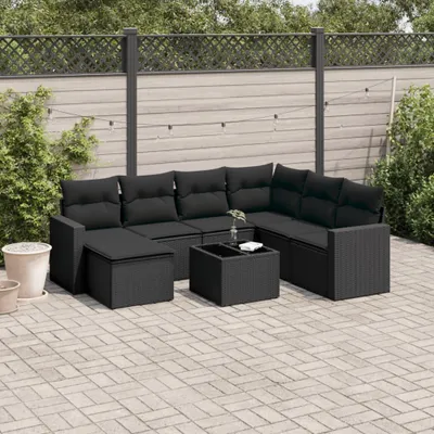 Produktbild von Design 8-tlg. Garten-Sofagarnitur mit Kissen Schwarz Poly Rattan, Gartenmöbel-Sets 2024 Neu