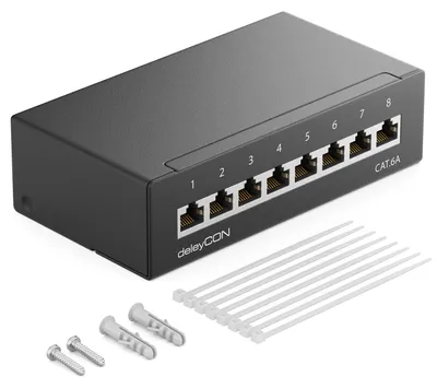Produktbild von deleyCON CAT 6a Patchpanel Verteilerfeld 8 Port 1 HE RJ45 - Schwarz