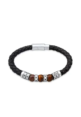 Produktbild von KUZZOI Armband Herren Leder Bead Magnet-Verschluß 925er Silber Schwarz