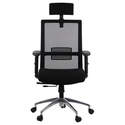 Immagine prodotto di Sedia da ufficio ergonomica girevole RIVERTON M/H/AL, braccioli regolabili, poggiatesta, schienale in rete, sedile scorrevole (avanti-indietro), base in alluminio, nero