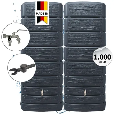 Produktbild von 4rain SLIM STONE DECOR Regentonnen Wandtank-SET Komplett-Set 1000 Liter graphite grey, 2 x SLIM STONE DECOR 500 Liter inkl. Verbinder und Fallrohranschluss
