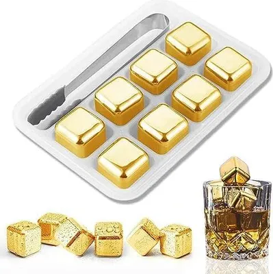 Produktbild von Whisky Steine Edelstahl Set, Whisky Eiswürfel Wiederverwendbar, mit Kieselgel Eisclip, Gold, 8 Stück