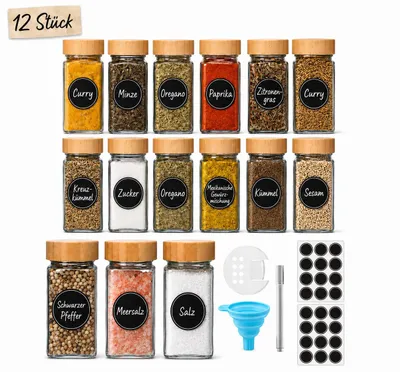 Produktbild von Gewürzgläser Set 12 Stück 120ml mit Deckel Gewürzbehälter Bambus Gewürzstreuer Set mit Aufklebern Marker Trichter Gewürzmühle YaLiva_Decor®
