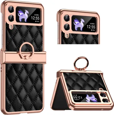 Produktbild von Luxus Leder Muster Galvanik Handyhülle für Samsung Galaxy Z Flip 3 5G mit Ringhalterung und Scharnierschutz Schwarz