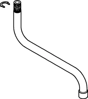 A line drawing of a curved faucet spout with a small clip.
