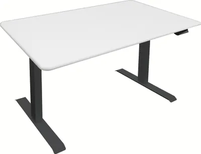 A white adjustable desk with black legs on a white background.