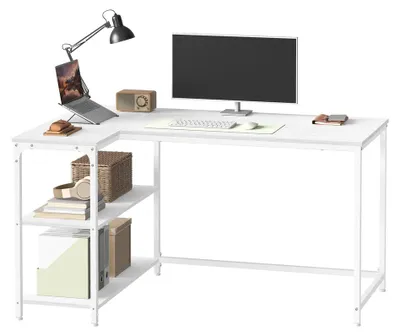 Obrázok produktu pre L-tvarový písací stôl s úložným priestorom a nastaviteľnou odkladacou plochou | Biela farba | 120x80x76 cm