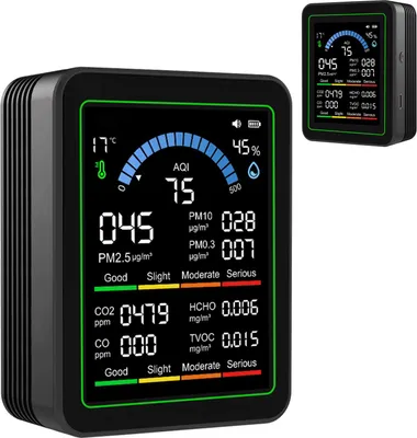 Obrázok produktu pre 10 v 1, prístroj na testovanie kvality vzduchu: CO2, TVOC, HCHO, PM2.5, PM10, PM0.3. Prenosný detektor vzduchu, čierna farba