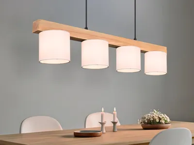 Produktbild von Pendelleuchte mit Holz-Balken & 4 Stoffschirme Weiß, Esszimmerlampe für Esstisch
