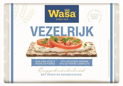 Obrázok produktu pre Knäckebrot Wasa Vezelrijk 300g – celozrnný chrumkavý chlieb s vysokým obsahom vlákniny