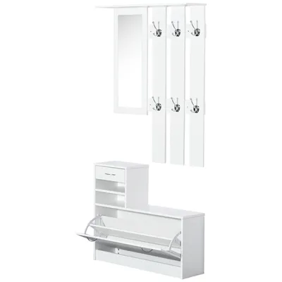 Image de HOMCOM Ensembles 3 en 1 de meuble d'entrée vestiaire avec panneau porte-manteau, miroir et banc à chaussures - 6 crochets et étagère réglable, blanc