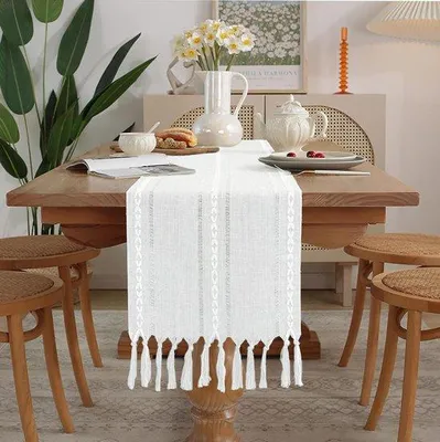 Produktbild von Bohèmestil Gewebter gestrepter Tischläufer mit farbenfrohen Pompons für Party, Weihnachtsfest, Kochen, Abendessen, Geburtstagsfeier - 33x160cm