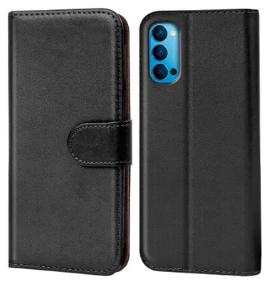 A black flip case for a smartphone is shown open, revealing the phone's camera module.