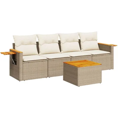 Produktbild von vidaXL 5-tlg. Garten-Sofagarnitur mit Kissen Beige Poly Rattan