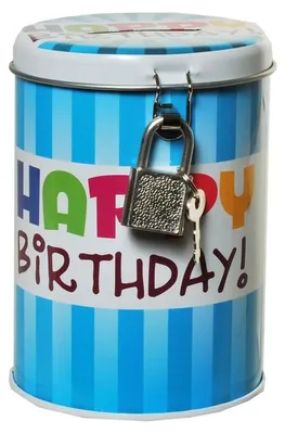 Produktbild von Metall-Spardose mit Schloß" Happy Birthday " bunt ca. 8x8x11 cm (T/B/H)