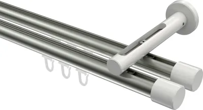 Produktbild von Interdeco Innenlaufstange / Gardinenstange mit Innenlauf Edelstahl-Optik / Weiß, Typ Siteno Santo (Kappe), 20 mm Ø 2-läufig, 140 cm