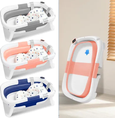 Image de Aopunly Baignoire bébé pliable avec thermomètre et coussin de bain - Baignoire bébé pliable - Baignoire bébé - Rose