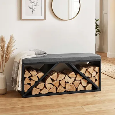 Produktbild von Peviasot Kaminholzregal mit gepolsterter Sitzbank, Brennholzständer aus Metall für Innen, Schwarz/Grau, 102 × 35 × 40 cm