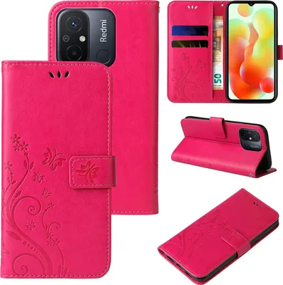 Produktbild von Handyhülle für Xiaomi Redmi 12C Floral Blumen Schmetterling Flip Cover Hülle Case Klapphülle Handytasche Farbe: Pink
