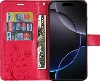 Produktbild von iPhone 16 Pro Handyhülle – Klapphülle Schutzhülle Tasche mit Magnetverschluss & Kartenfächern Rot