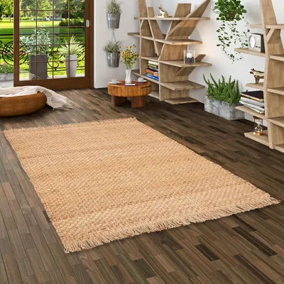 Produktbild von Naturfaser Teppich Handgefertigt Jute Salsa Beige Braun Fransen, Größe:200x300 cm