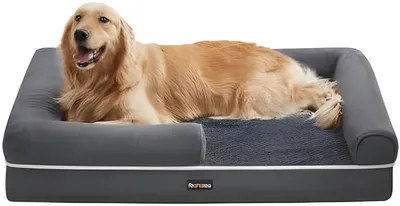 Produktbild von PolkaHome® Orthopädisches Hundebett mit weichem Bezug, erhöhten Rändern und rutschfester Unterseite, 106 x 80 cm, Dunkelgrau