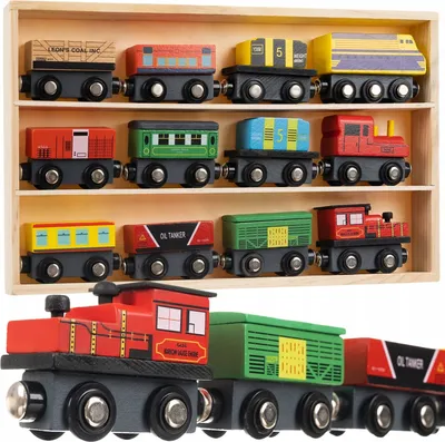 Produktbild von Holzeisenbahn mit 3 Lokomotiven und 9 Waggons, inklusive Organizer, Maße 33/20/3 cm