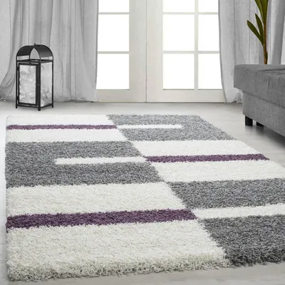 Produktbild von Carpetsale24 Teppich Hochflor Shaggy Kariert Design Teppich Wohnzimmer Flauschig Weich, Grösse: 140x200 cm