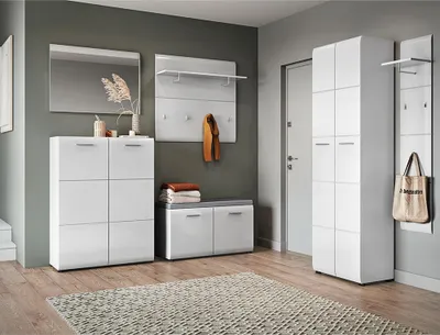 Produktbild von Garderoben-Set 6-teilig mit Garderobenschrank, 2x Garderobenpaneel weiß Hochglanz MALABO-129