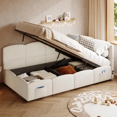 Produktbild von STILVORA Polsterbett 90×200 mit Bettkasten,Jugendbett Stauraumbett mit Lattenrost und Stautasche,Bettgestell mit USB-Ladegerät,ohne Matratze,Boucle,Beige