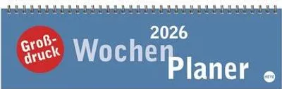 A blue banner with text indicating a 2026 weekly planner with large print.