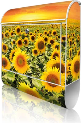 Produktbild von banjado Design Briefkasten Stahl weiß mit Zeitungsfach pulverbeschichtet "Sonnenblumenmeer" 38x46x12,5cm & 2 Schlüssel - Postkasten A4 Einwurf inkl. Montagematerial [BKW 12283]