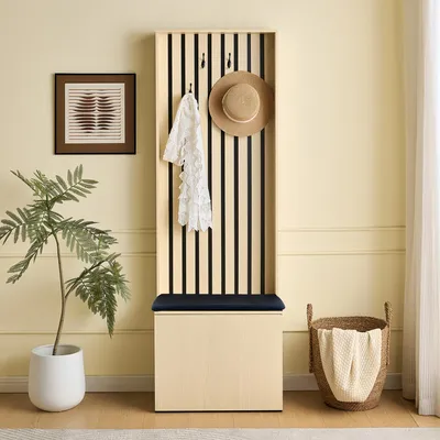 A hallway or entryway scene with a coat rack and bench.