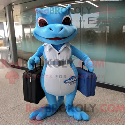 Immagine prodotto di Personaggio mascotte REDBROKOLY di una lucertola azzurra vestita con pantaloncini e valigetta