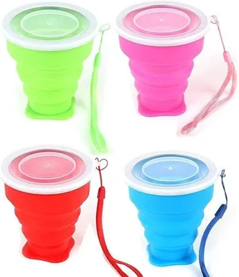 Produktbild von Famanu Faltbare Silikonbecher 4 Stück - Mit Deckel, Wiederverwendbar, Praktisch für Unterwegs
