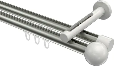 Produktbild von Interdeco Innenlaufstange / Gardinenstange mit Innenlauf Edelstahl-Optik / Weiß, Typ Siteno Luino (Kugel), 20 mm Ø 2-läufig, 440 cm