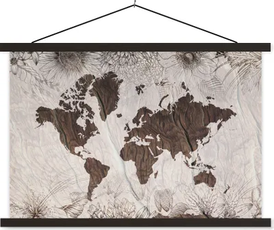 Produktbild von MuchoWow® Textilposter Weltkarte - Holz - Blumen 60x40 cm mit schwarzem Rahmen - Hölzernes