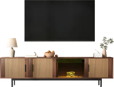Produktbild von TV-Schrank, lowboard mit geschnitzter Textur, TV-Möbel mit LED-Lichtleiste und Tür aus gehärtetem Glas.