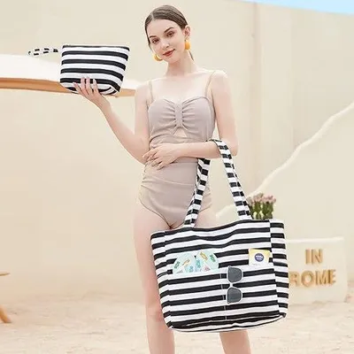 Productafbeelding van Grote strandtas voor dames, schoudertas met rits, waterdichte en zandafstotende tas, schoudertassen, handtas, geschikt voor sport, zwembad (met nat compartiment), reizen
