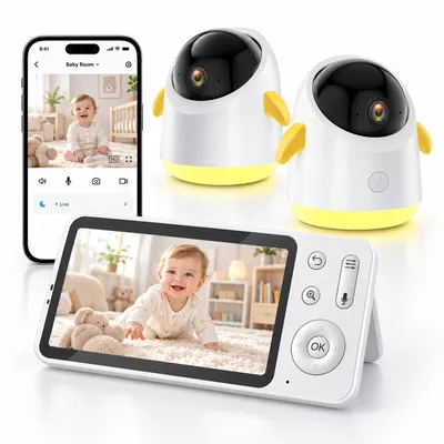 Zdjęcie produktu dla Niania cyfrowa 2K 3MP z dwoma kamerami, 5-calowy monitor, Wi-Fi, aplikacja, podział ekranu, obracanie o 360°, tryb nocny, wykrywanie ruchu i płaczu, dwukierunkowy system audio