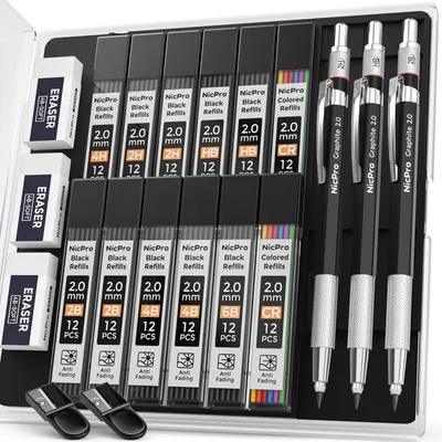 Obrázek produktu pro Sada mechanických tužek s hrotem 2 mm, kovová, s pouzdrem, 3 kusy, 144 náplní, guma a ostřítko