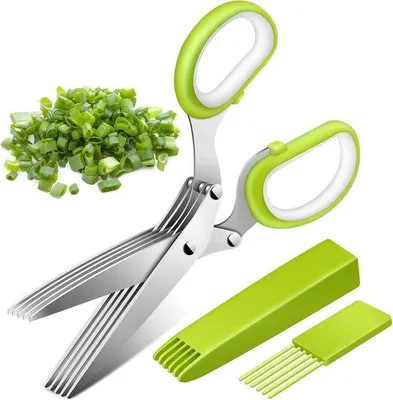 Immagine prodotto di Set di 3 forbici per erbe aromatiche - verde - 5 lame, per erbe aromatiche, cavolo cappuccio, prezzemolo, rosmarino (custodia con pettine per la pulizia e lama)