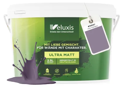 Produktbild von Wandfarbe Lila Grau Hellgrau Matt Innenfarbe – Deckkraft Klasse 1, VOC-frei, Ohne Grundierung, Tropfarm – Wohnzimmer & Schlafzimmer – 2,5L – Veluxis (Artful Aubergine)