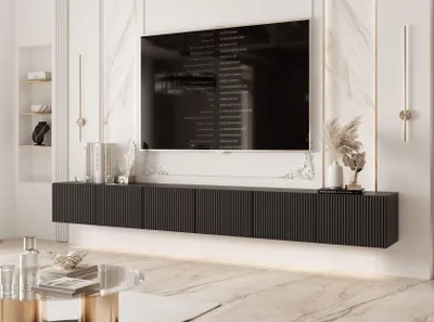 Produktbild von Idohome TV-Lowboard Angel 300 cm Schwarz Matt -TV-Schrank, Hängeschrank, LED, Push-to-Open, Fernsehschrank, geriffelte Front, Medienmöbel, Wohnzimmer
