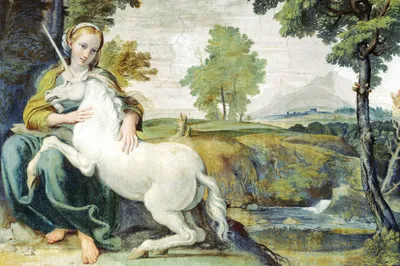 Produktbild von Domenichino Kunstdruck Bild - Die Jungfrau Und Das Einhorn, 1602 (80 x 120 cm)