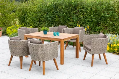 Produktbild von Merxx Gartenmöbelset "Imperia" 7tlg. mit Ausziehtisch 150/200 x 90 cm, inkl. Kissen - Aluminiumgestell mit Kunststoffgeflecht Steinbeige und Akazienholz