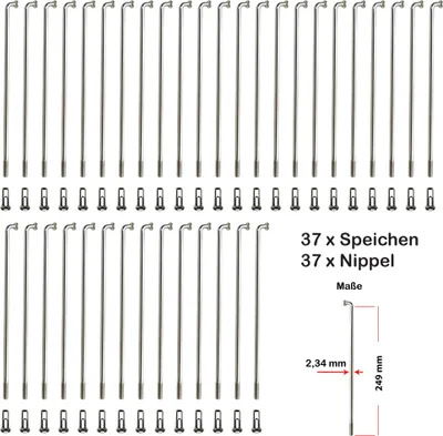 Produktbild von 37 Stück Speichen 249mm verstärkt Edelstahl 2,34mm inkl. Messing Speichennippel