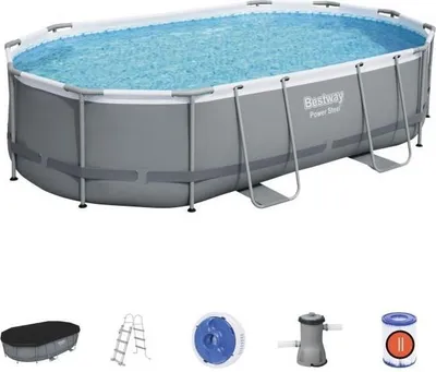 Image de Piscine Hors Sol Tubulaire Bestway Power Steel, 488 x 305 x 107 cm, Ovale, Échelle, Bâche, Distributeur ChemConnect