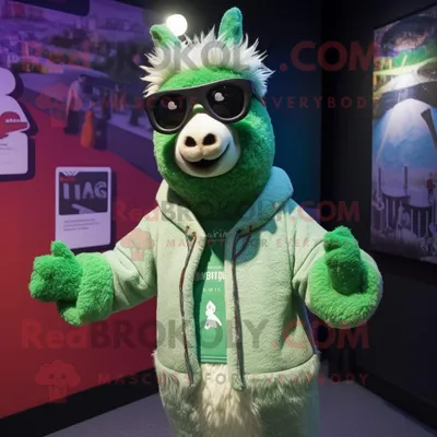 Produktbild von Grünes REDBROKOLY Lama Maskottchen kostüm gekleidet in eine Strickjacke und eine Sonnenbrille