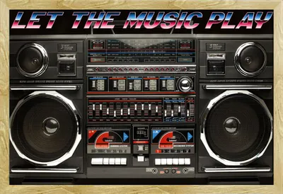 Produktbild von Ghettoblaster - Poster - 80s Boombox – Let the music play + Wechselrahmen, Shinsuke® Maxi MDF Buche, Acryl-Scheibe